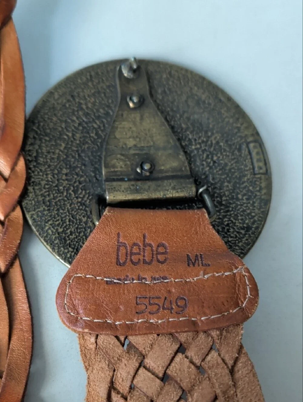 bebe Braided Tan Soft Shiny Leather Belt w/ Antique Brass Medallion Length 43